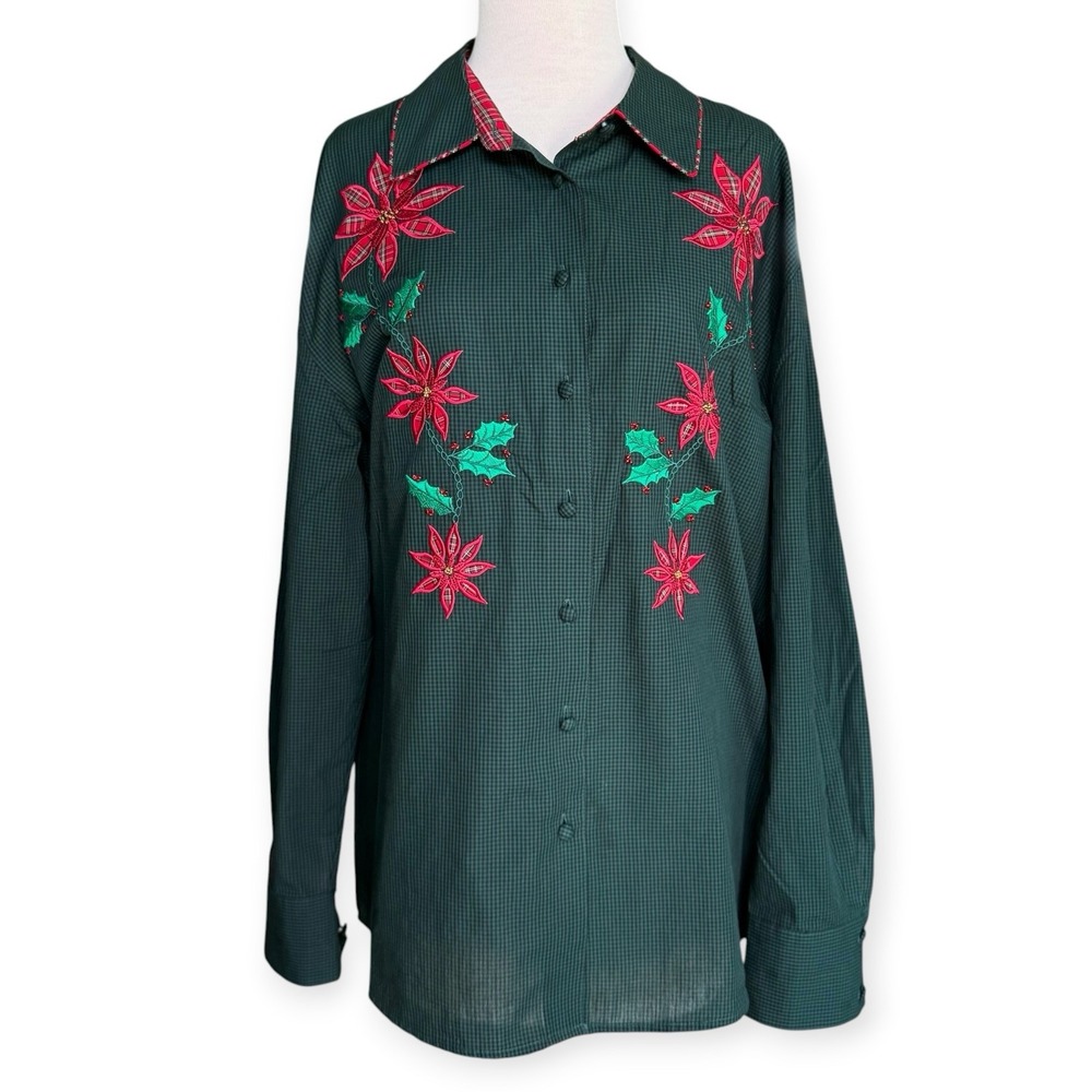 Vintage Karen Scott Green Gingham Poinsettia Embroidered Button Down Shirt Large
